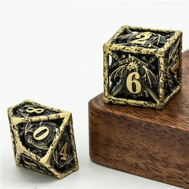 RPG Dice Set | Hollow Metal | "Dragon Shield" - Bronze | Set of 7 (D0240)