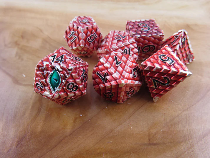 Polyhedral Dice Set | Metal | "Dragon Scale" - Red and Silver | Set of 7 (D0284)