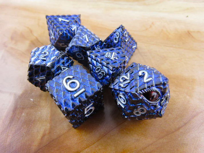 Polyhedral Dice Set | Metal | "Dragon Scale" - Blue Glitter | Set of 7 (D0282)