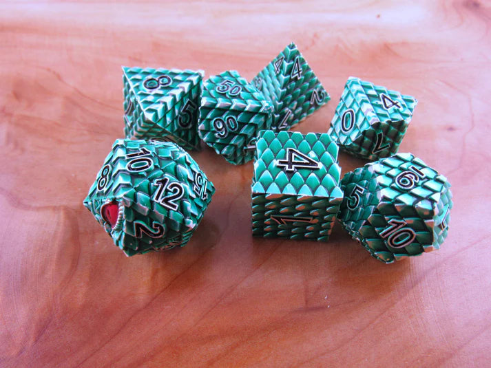 Polyhedral Dice Set | Metal | "Dragon Scale" - Green and Silver | Set of 7 (D0286)