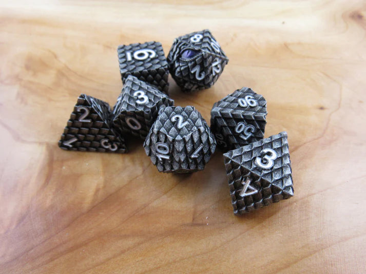 Polyhedral Dice Set | Metal | "Dragon Scale" - Gunmetal and White | Set of 7 (D0288)