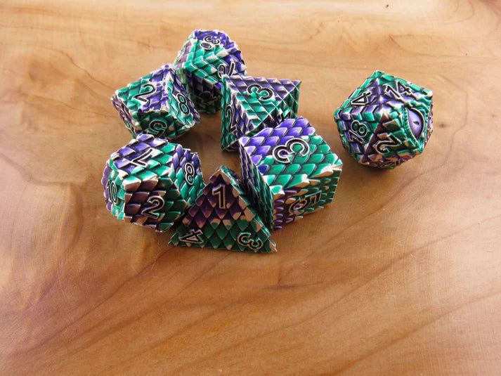 Polyhedral Dice Set | Metal | "Dragon Scale" - Green and Purple | Set of 7 (D0279)