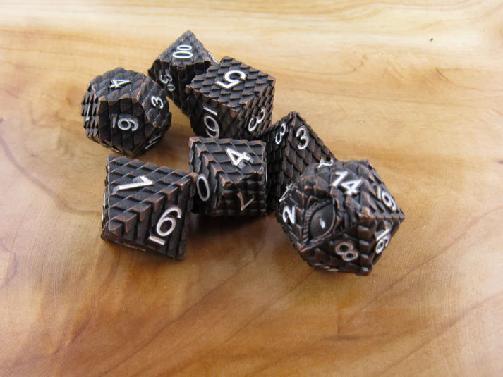 Polyhedral Dice Set | Metal | "Dragon Scale" - Antique Copper | Set of 7 (D0277)