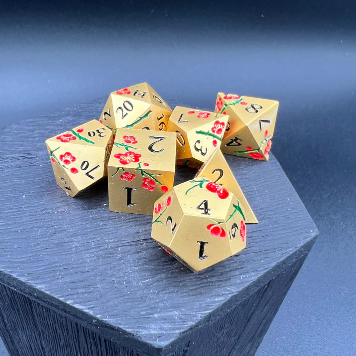 Polyhedral Dice Set | Metal | "Plum Blossom" - Gold and Red | Set of 7 (D0271)