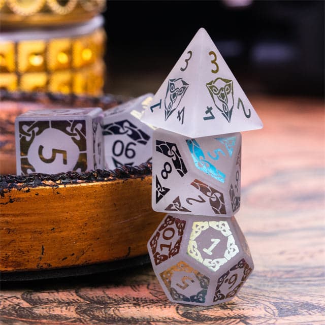 Polyhedral Dice Set | Gemstone | White Quartz w/ Rainbow Foil Celtic Knot | Set of 7 (D0215)