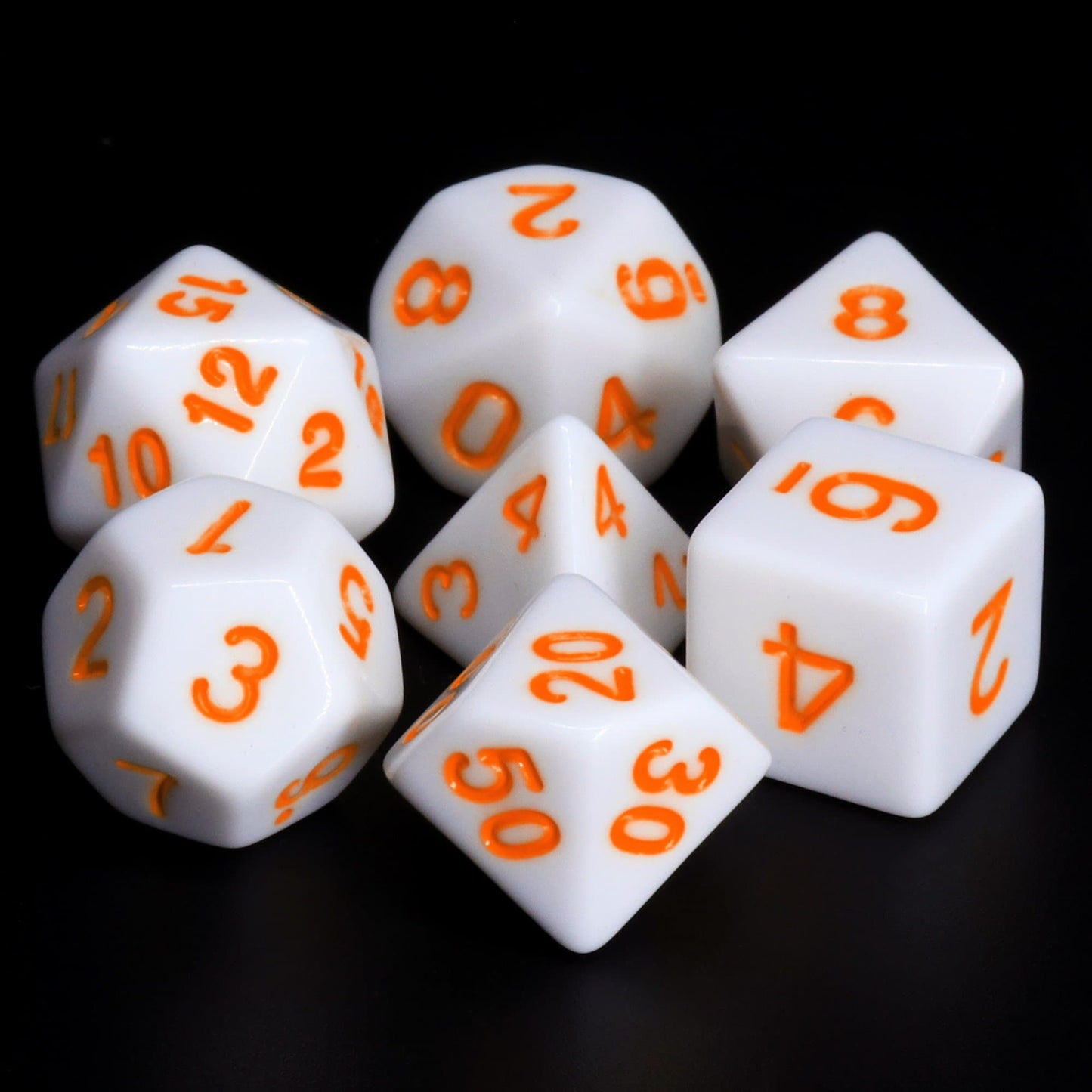 Polyhedral Dice Set | Acrylic | Solid White (Orange Ink) | Set of 7 (D0104)