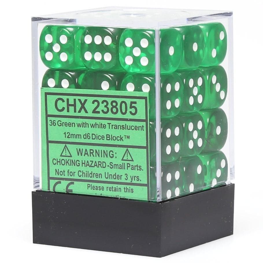 Chessex | d6 Dice Block | Acrylic | Translucent Green/white 12mm d6 (36 Dice) (CHX 23805)