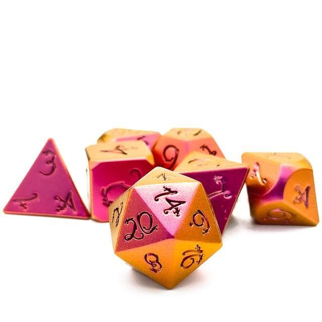 Metal Dice - Orange Iridescent w/Dragon - Set of 7