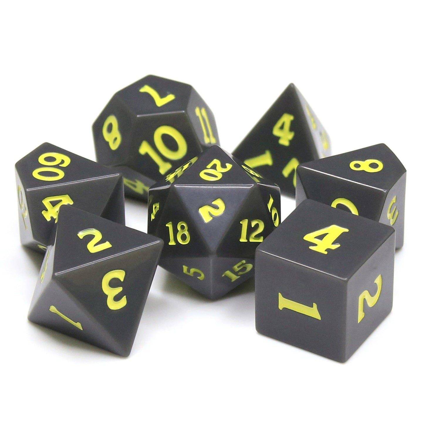 Polyhedral Dice Set | Acrylic | Slate w/ Yellow Ink (Sharp Edged) | Set of 7 (D0021)