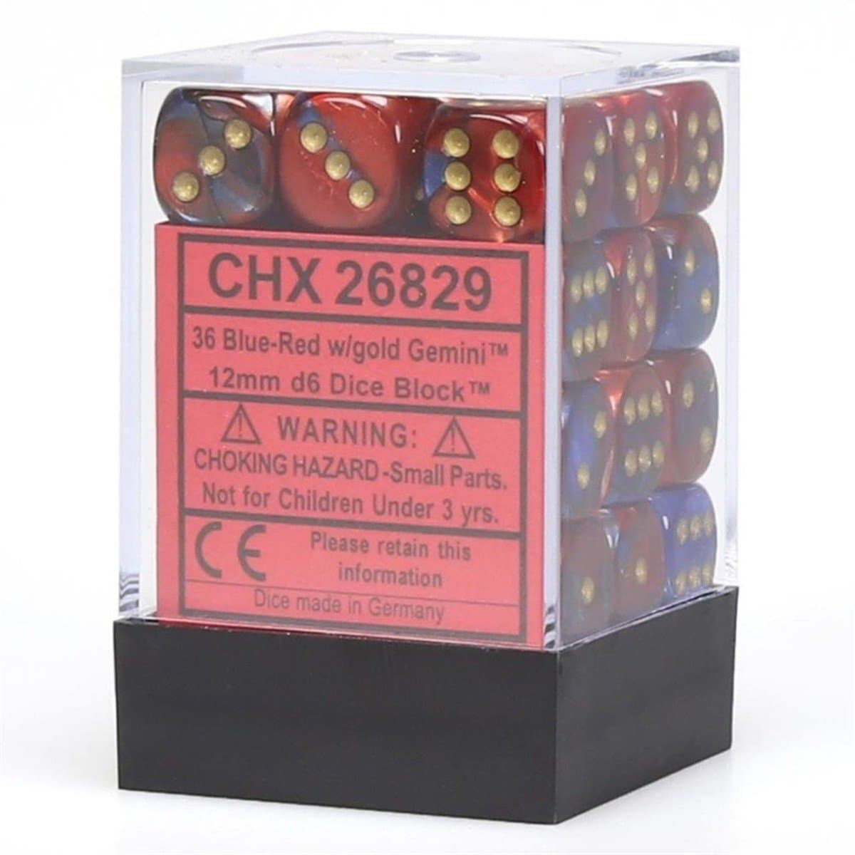 Chessex | d6 Dice Block | Acrylic | Gemini Blue-Red/gold 12mm d6 (36 Dice) (CHX 26829)