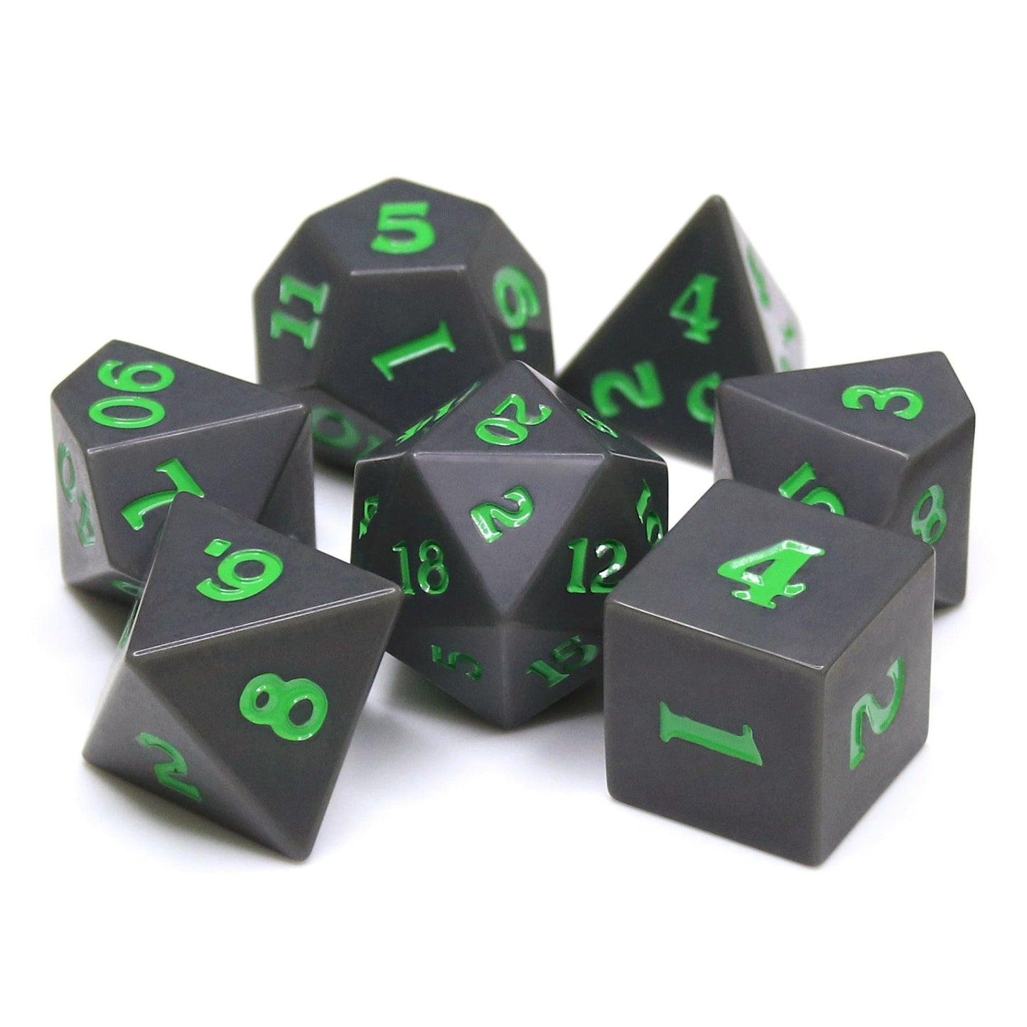 RPG Dice | Slate w/ Green Ink (Sharp Edged) | Set of 7