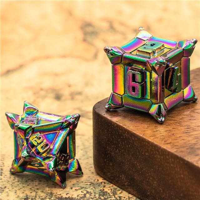 Metal Dice | "Cruel Caltrops" Rainbow Plated | Set of 7