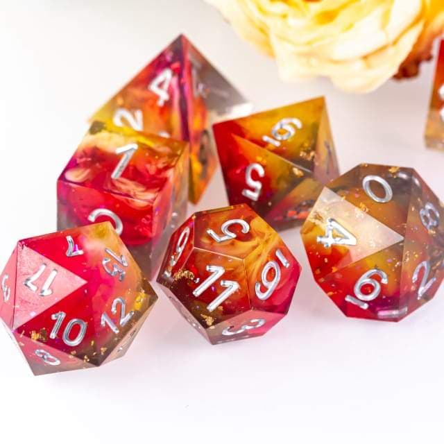 RPG Dice | "Passionfruit Sparkle" (Sharp Edged) | Set of 7