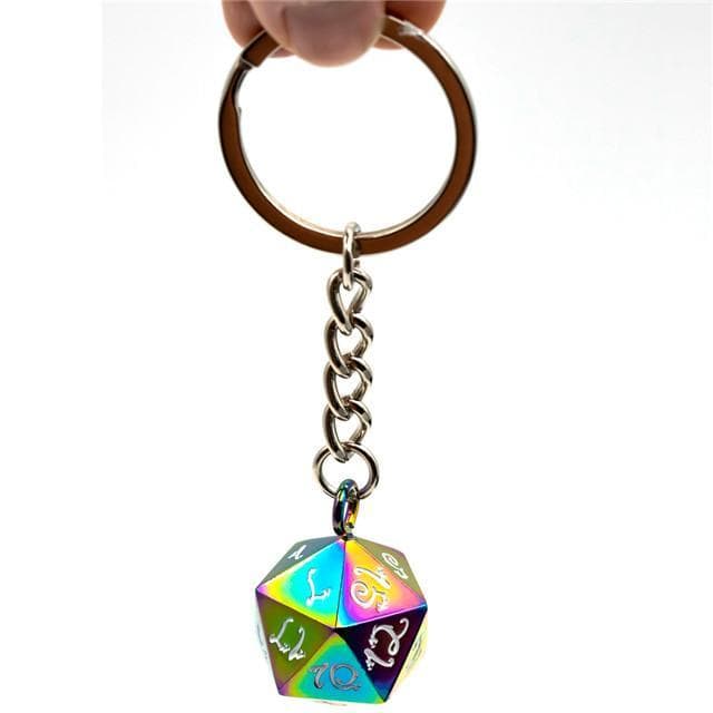 Rainbow Chrome d20 Dice Keychain | White Ink Dragon