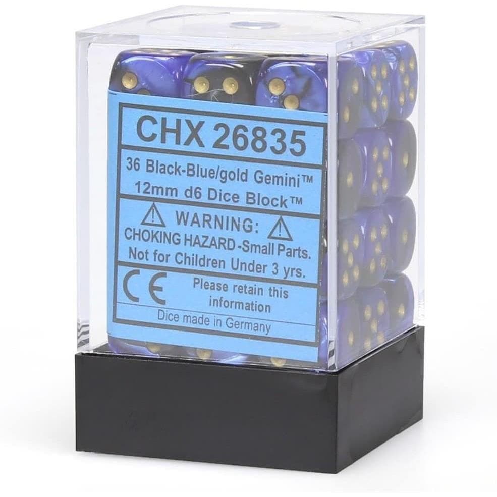 Chessex | d6 Dice Block | Acrylic | Gemini Black-Blue/gold 12mm d6 (36 Dice) (CHX 26835)