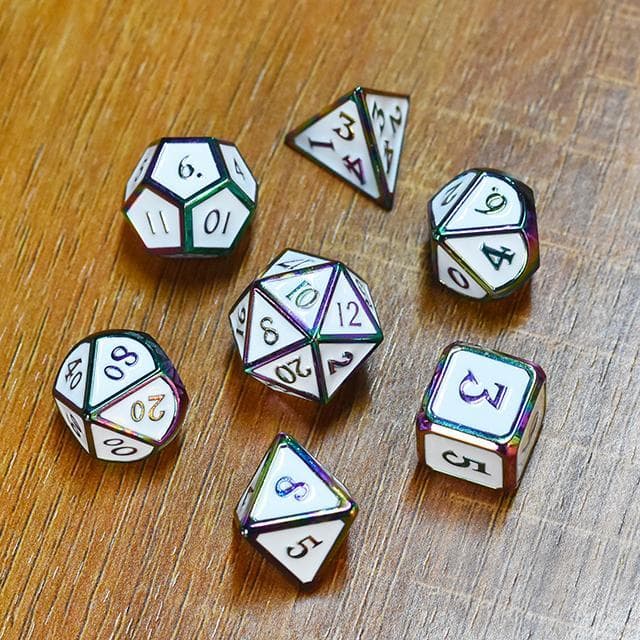 Metal Dice - White Enamel w/Rainbow - Set of 7