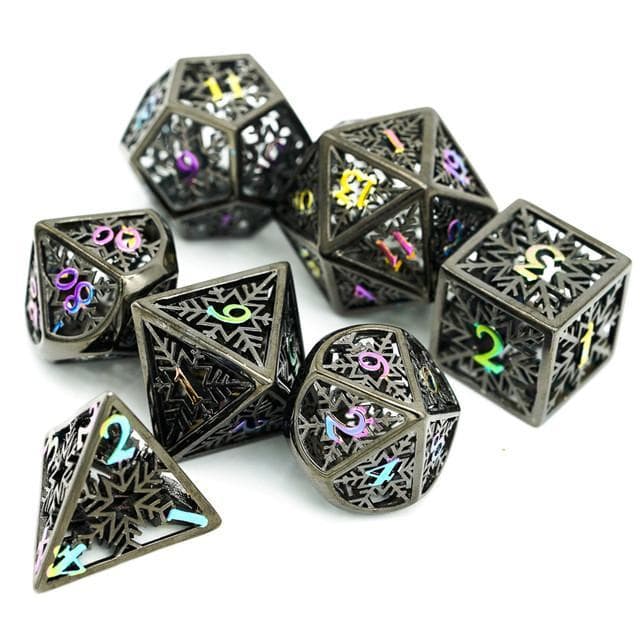 Metal Dice - Hollow "Snowflake" Dark Rainbow - Set of 7