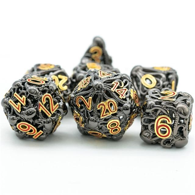 Metal Dice | Hollow "Octopus" Black & Gold | Set of 7