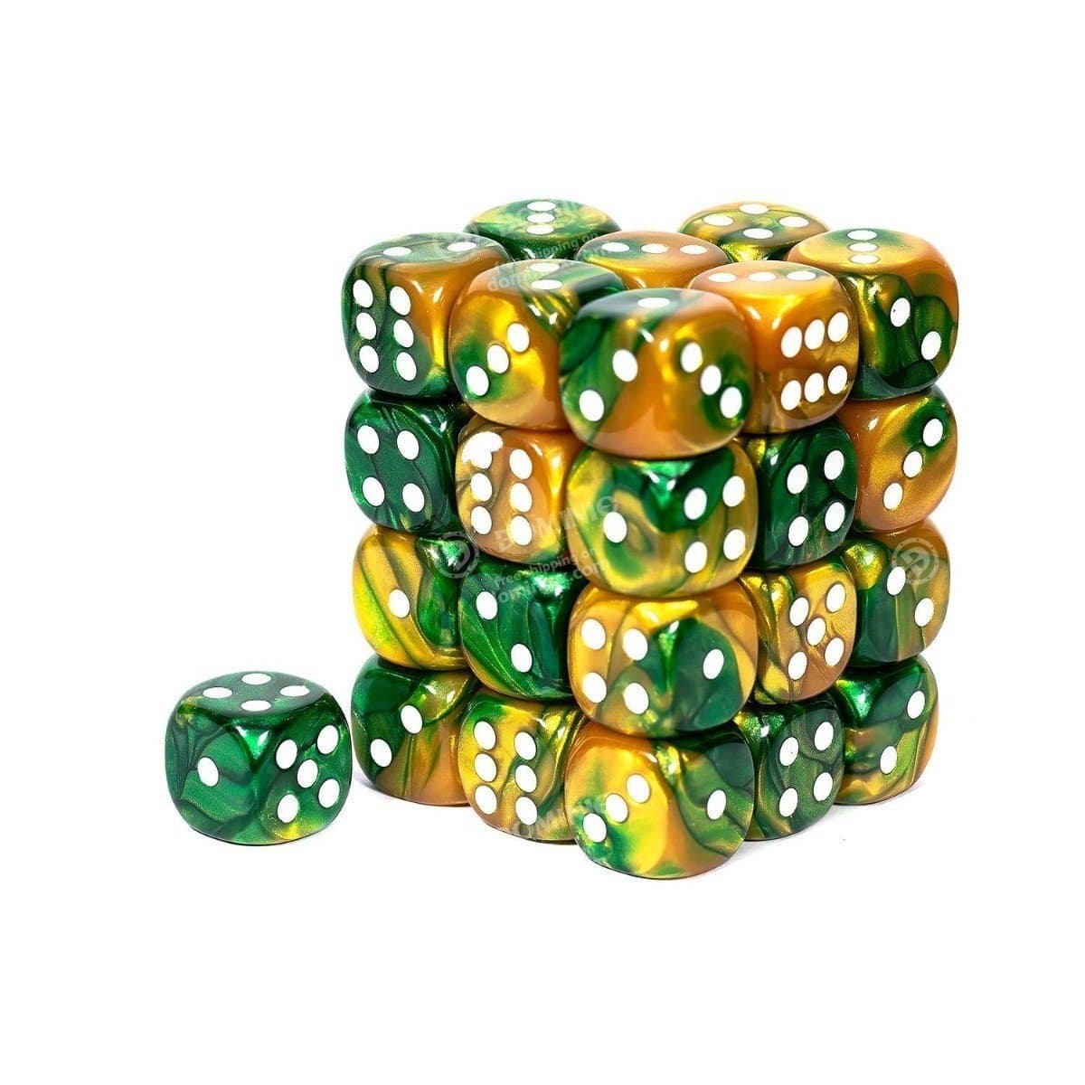 Chessex | d6 Dice Block | Acrylic | Gemini Gold-Green/white 12mm d6 (36 Dice) (CHX 26825)