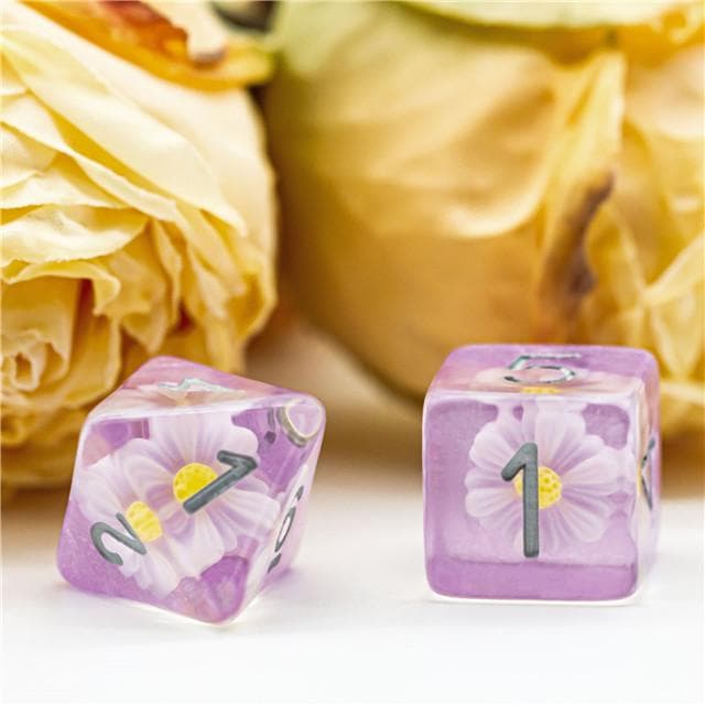 RPG Dice | "Suspended Daisy" Purple (Silver Ink) | Set of 7