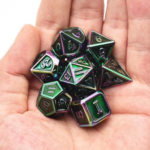 Metal Dice - Green Enamel w/Rainbow - Set of 7
