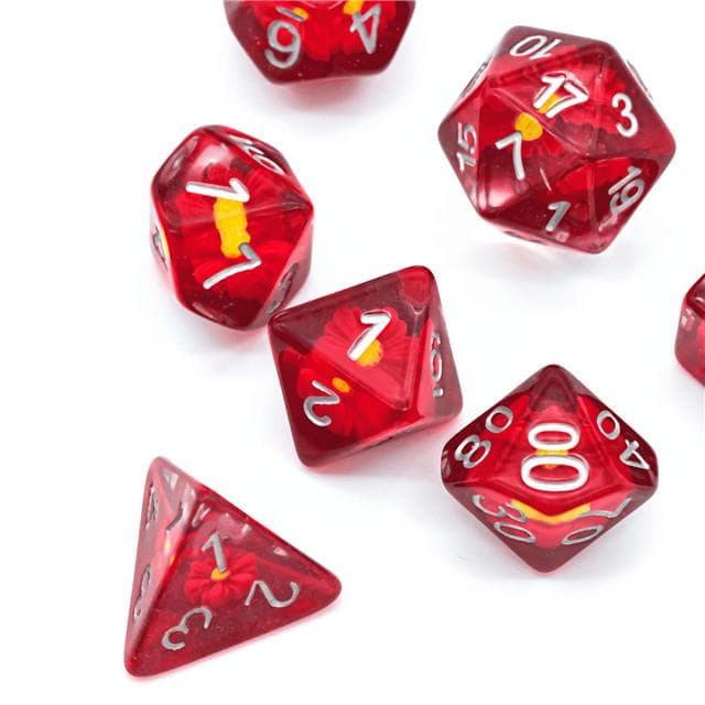 RPG Dice | "Suspended Daisy" Red (Silver Ink) | Set of 7