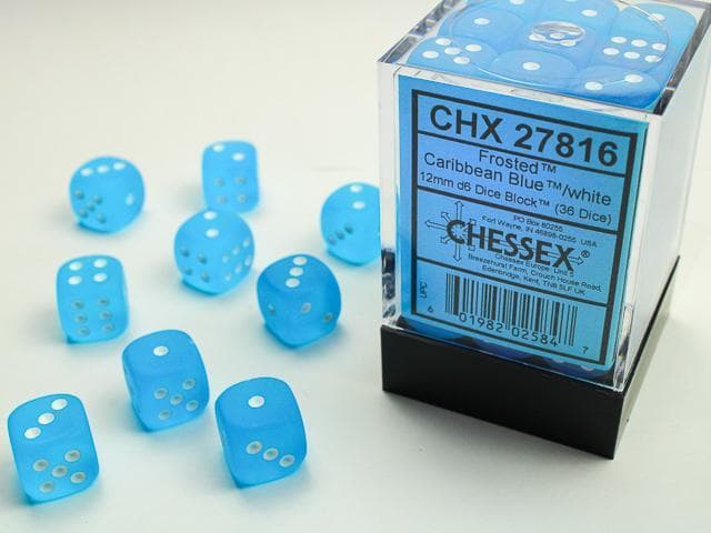 Chessex | d6 Dice Block | Acrylic | Frosted Caribbean Blue/white 12mm d6 (36 Dice) (CHX 27816)