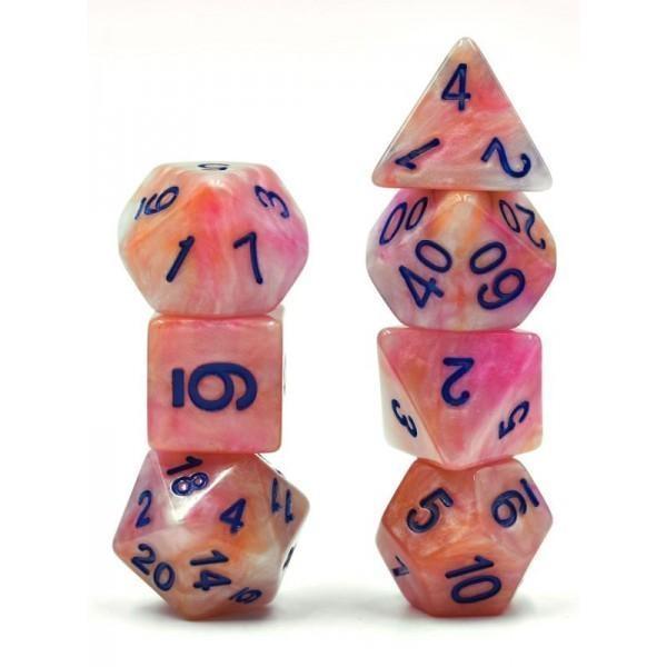 RPG Dice 7 Set - Marble White Orange Purple (Blue Font)