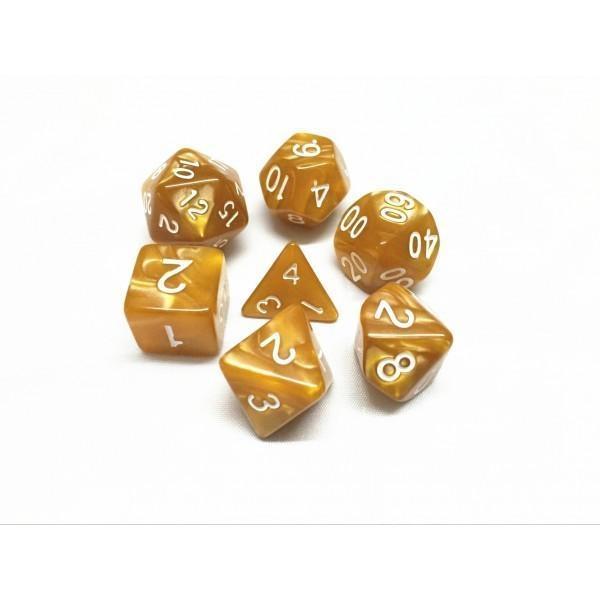 Polyhedral Dice Set | Acrylic | Pearl Gold (White Font) | Set of 7 (D0130)