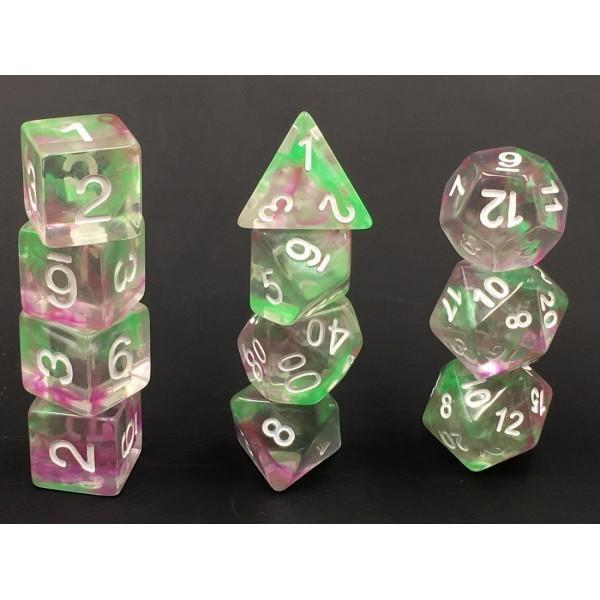 Polyhedral Dice Set | Acrylic | "Pearl Swirl" Green + Purple | Set of 11 (D1111)