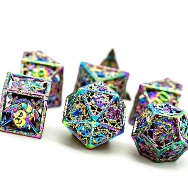 RPG Dice Set | Hollow Metal | "Dragon Coat of Arms" - Rainbow | Set of 7 (D0228)