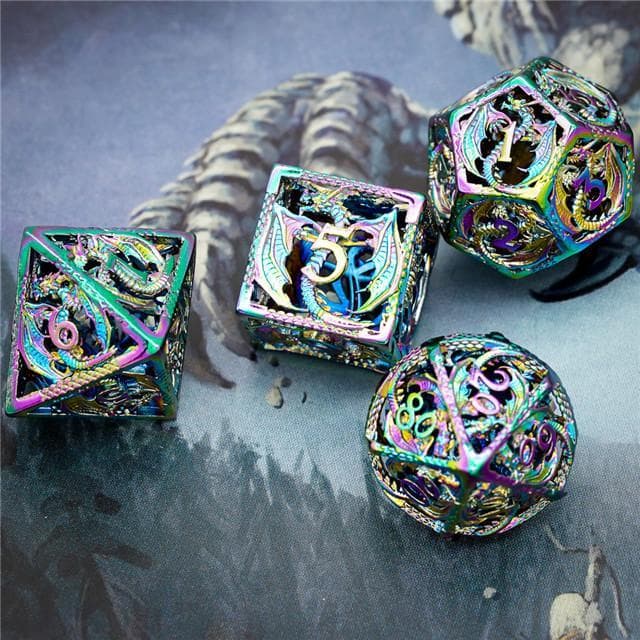 Metal Dice | Hollow "Dragon" Rainbow | Set of 7