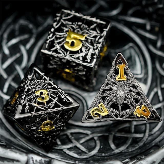 Metal Dice | Hollow "Spider" Black & Gold | Set of 7