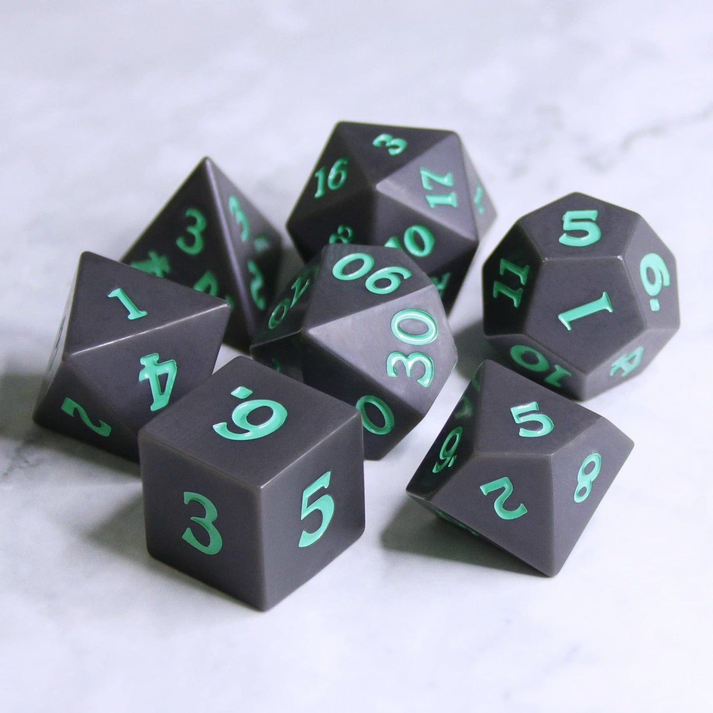 RPG Dice | Slate w/ Teal Ink (Sharp Edged) | Set of 7