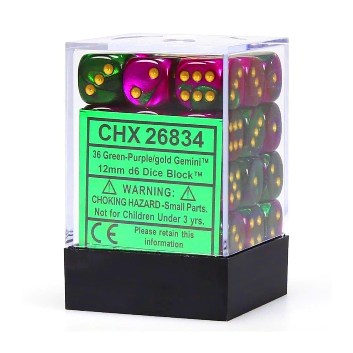 Chessex | d6 Dice Block | Acrylic | Gemini Green-Purple/gold 12mm d6 (36 Dice) (CHX 26834)
