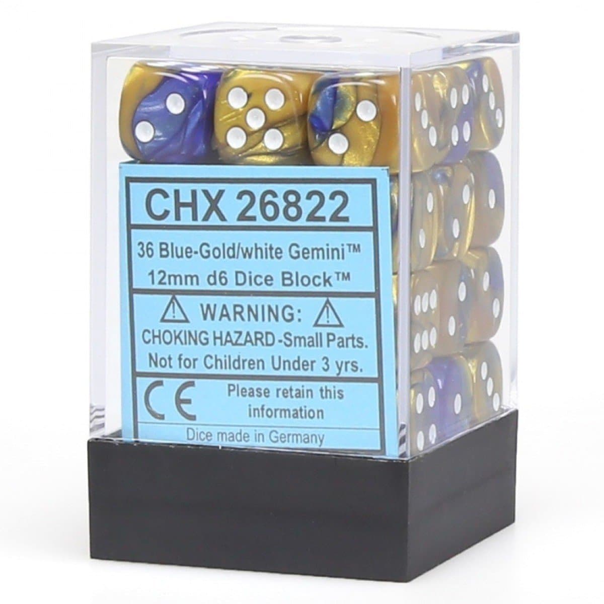 Chessex | d6 Dice Block | Acrylic | Gemini Blue-Gold/white 12mm d6 (36 Dice) (CHX 26822)