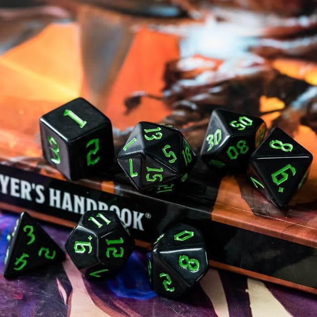 RPG Dice | Solid Black (Green Ink) | Set of 7