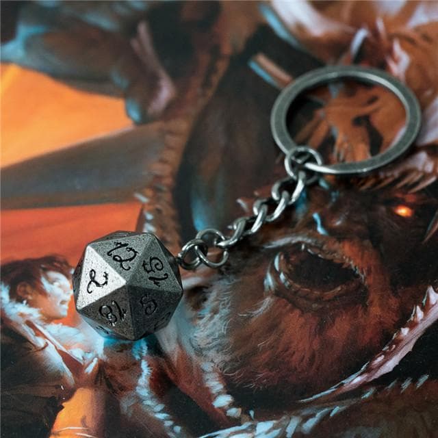 Weathered Silver d20 Dice Keychain | Black Ink Dragon