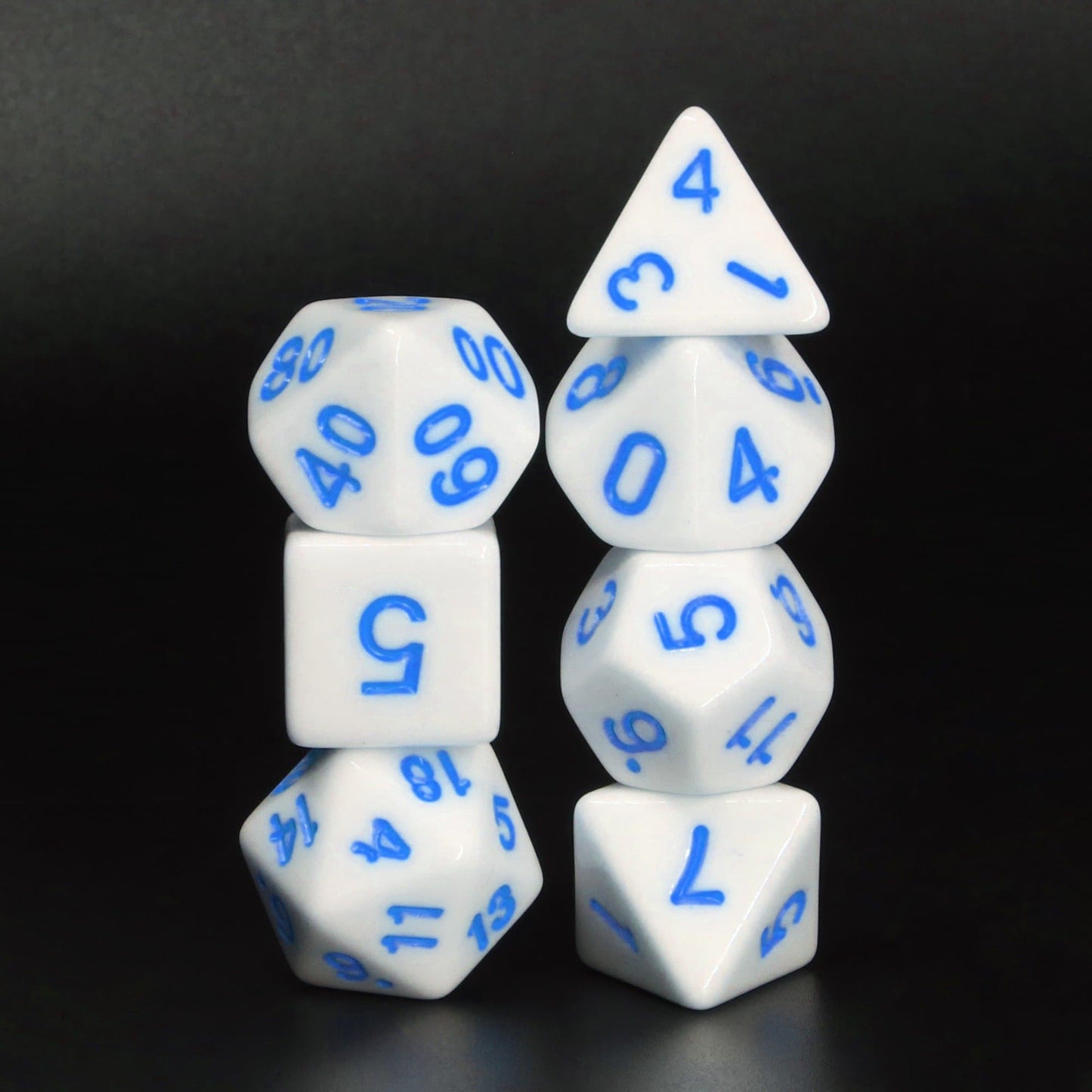 Polyhedral Dice Set | Acrylic | Solid White (Blue Ink) | Set of 7 (D0102)