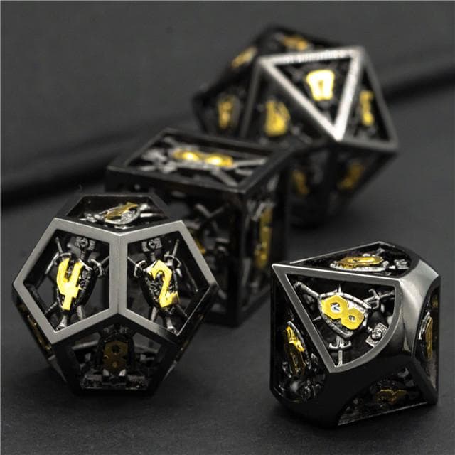 Metal Dice | Hollow "Shield" Black & Gold | Set of 7