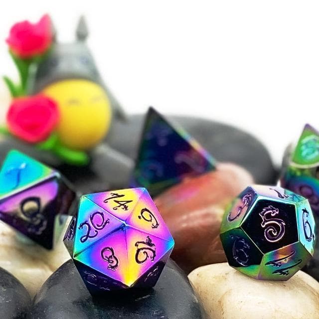 Metal Dice | Rainbow Chrome w/Dragon (Purple Ink) | Set of 7