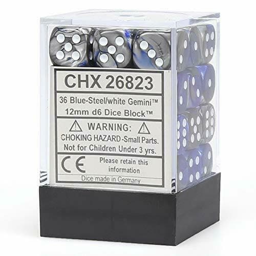 Chessex | d6 Dice Block | Acrylic | Gemini Blue-Steel/white 12mm d6 (36 Dice) (CHX 26823)
