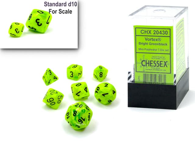 Chessex | Mini-hedral Dice Set | Acrylic | Vortex Bright Green/black (CHX 20430)