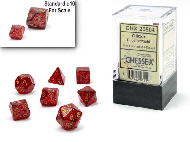 Chessex | Mini-hedral Dice Set | Acrylic | Glitter Ruby Red/gold (CHX 20504)