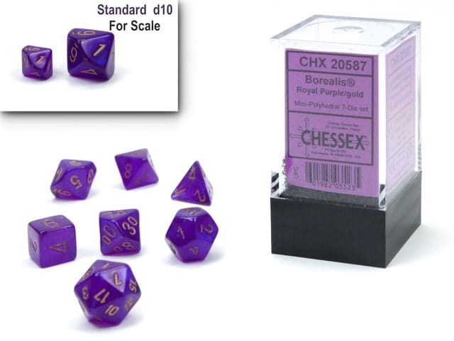 Chessex | Mini-hedral Dice Set | Acrylic | Borealis Royal Purple/gold (CHX 20587)