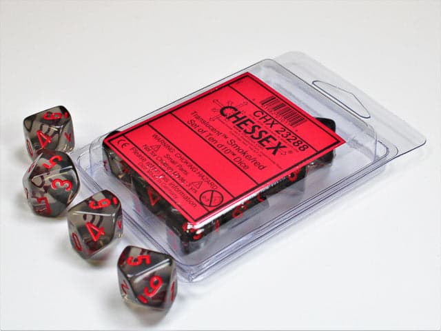 Chessex | d10 Set | Acrylic | Translucent Smoke/red (10) (CHX 23288)