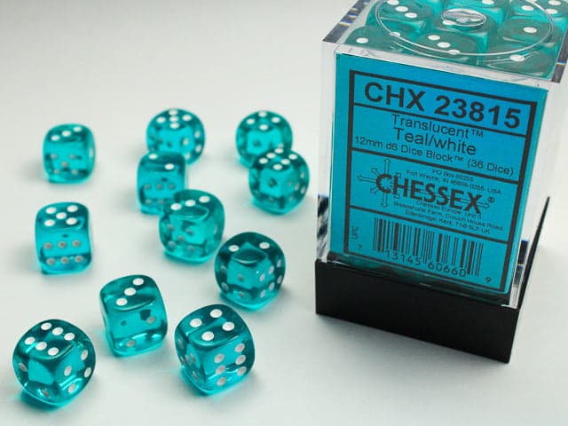 Chessex | 12mm D6 Dice Block | Translucent | Teal/White (CHX2815)