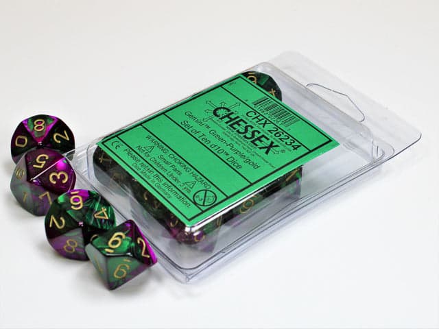 Chessex | d10 Set | Acrylic | Gemini Green-Purple/gold (10) (CHX 26234)