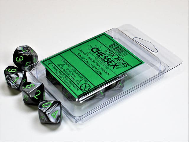 Chessex | d10 Set | Acrylic | Gemini Black-Grey/green (10) (CHX 26245)