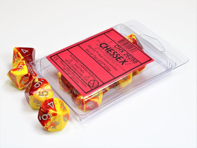 Chessex | d10 Set | Acrylic | Gemini Red-Yellow/silver (10) (CHX 26250)